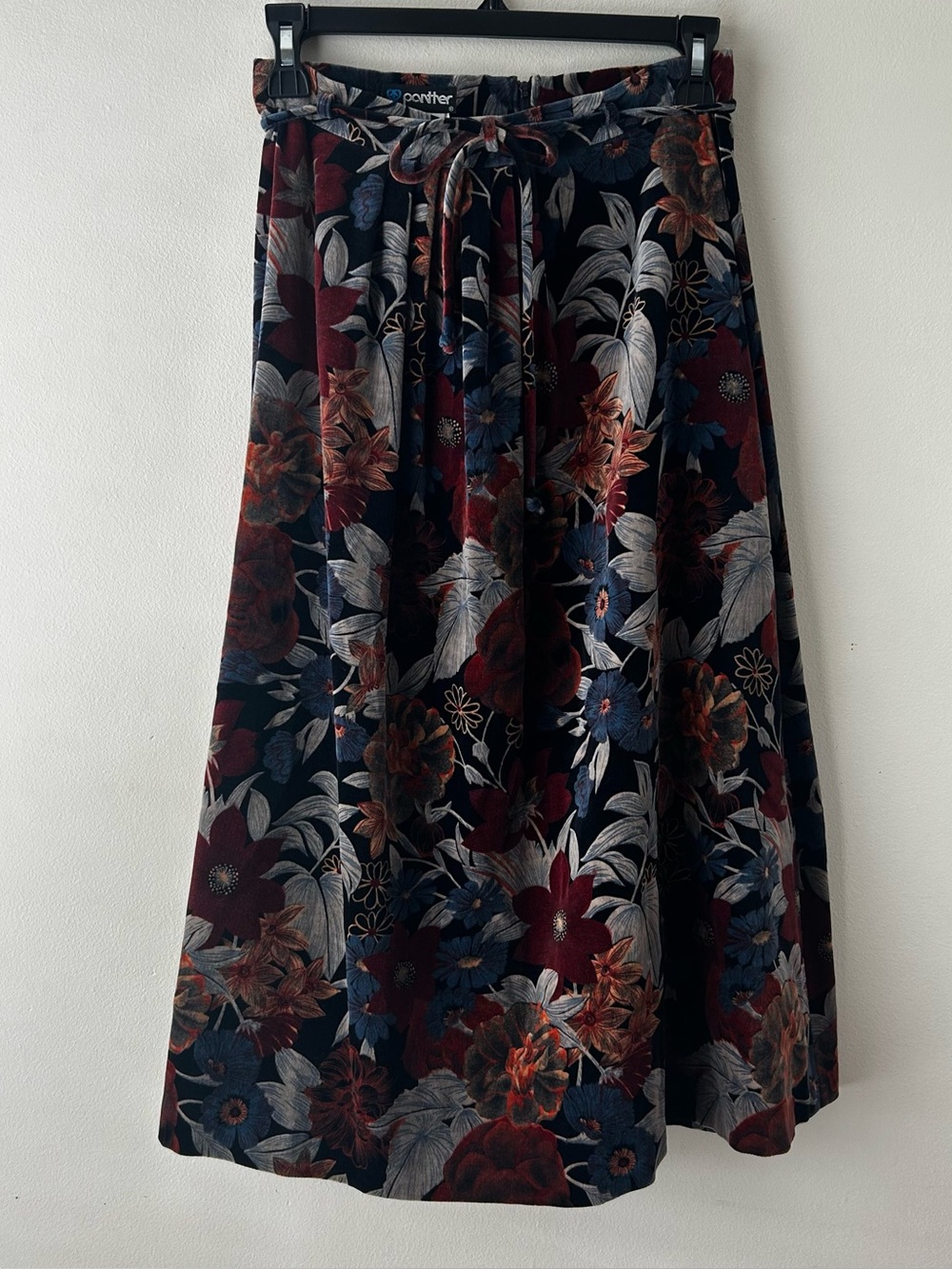 Vintage Cottagecore Grannycore 100% Cotton Velvet Floral Midi Skirt Belt 9/10